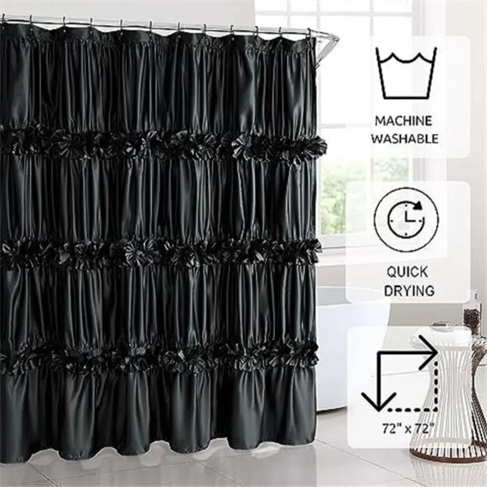 Black Ruffle Shower Curtain, Vintage Handcrafted Bow Tie Bath Curtain